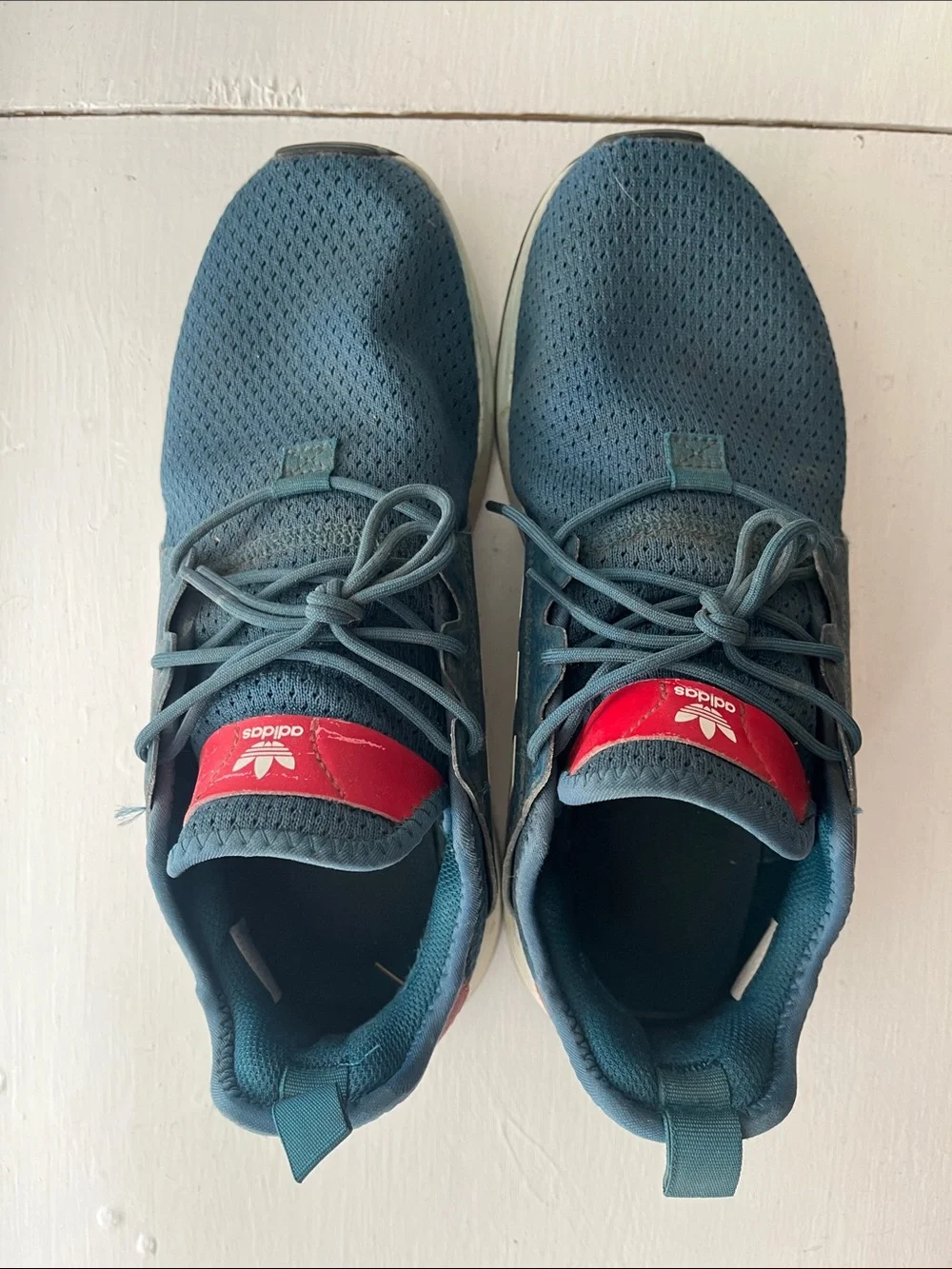adidas Men’s Dark Teal Knit Sneakers with Red Logo Patch